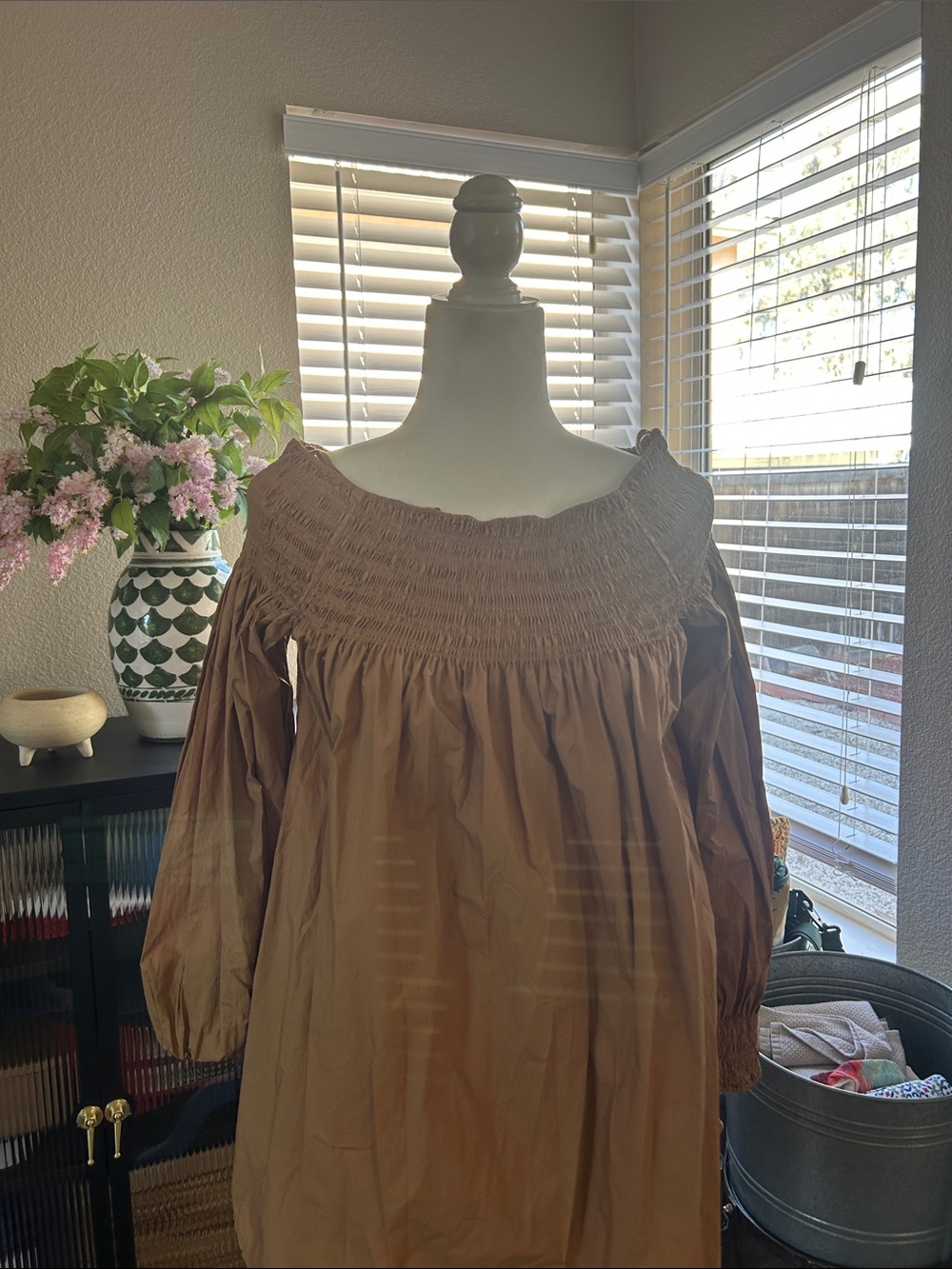 COS Brown Smocked Off-Shoulder Tunic